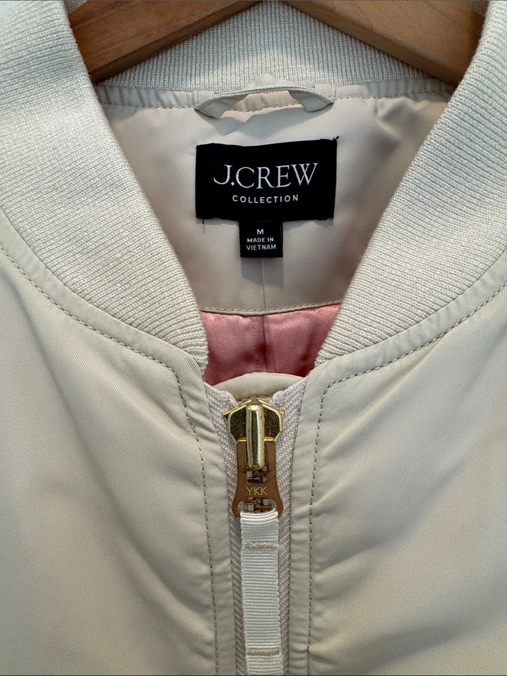J. Crew Cream Bomber Jacket with Gold Hardware in Lightweight Shiny Nylon